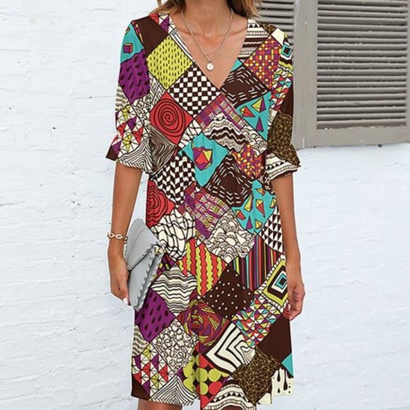 Dresses & Skirts - Red & Teal Patchwork Hi-Low V-Neck Dress